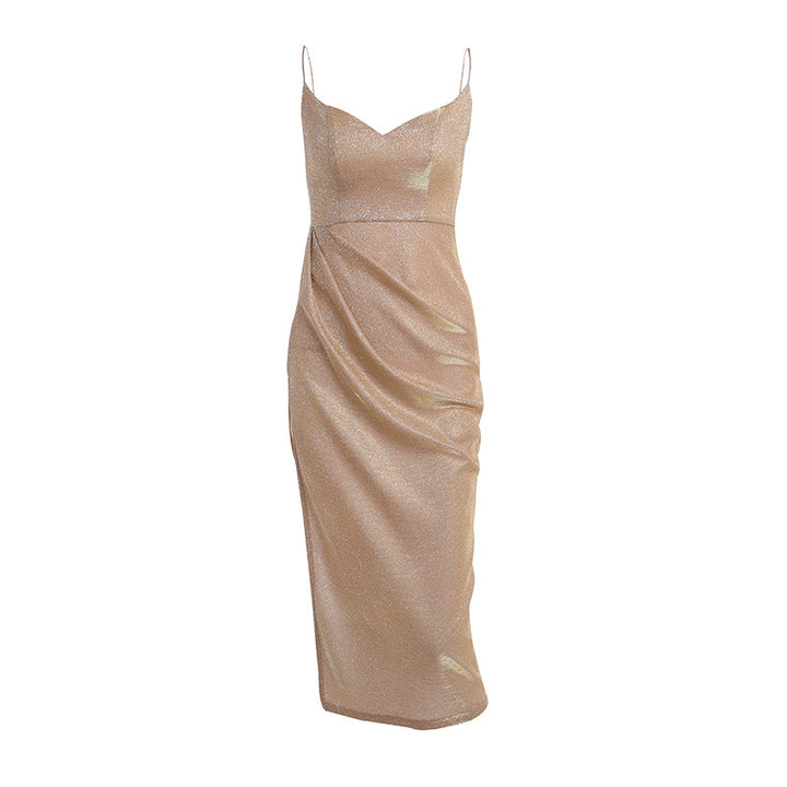 Damer elegant metallic effekt midikjole med spaghettistropper Skjora