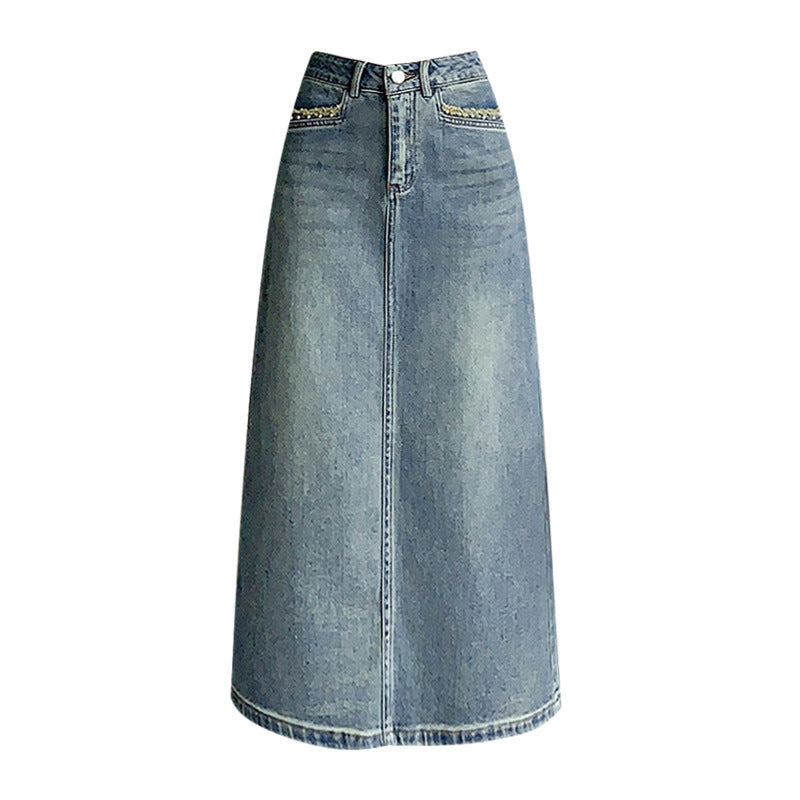 Kvinnenes denim midi skjørt med flagrende kant Skjora