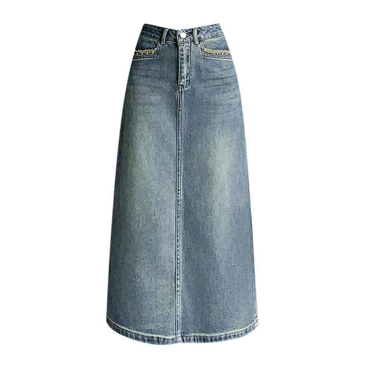 Kvinnenes denim midi skjørt med flagrende kant Skjora