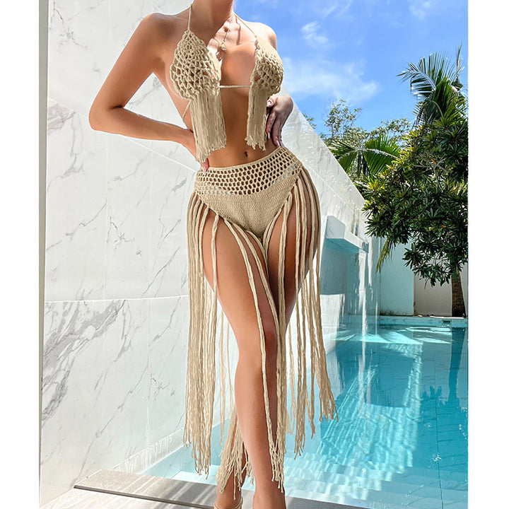 Damen Häkel-Bikini-Set mit fransigen Details und reizvoller Lochstruktur Skjora
