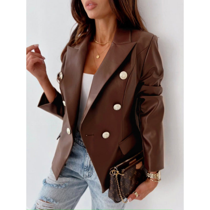 Damer Faux Lær Blazer Skjora