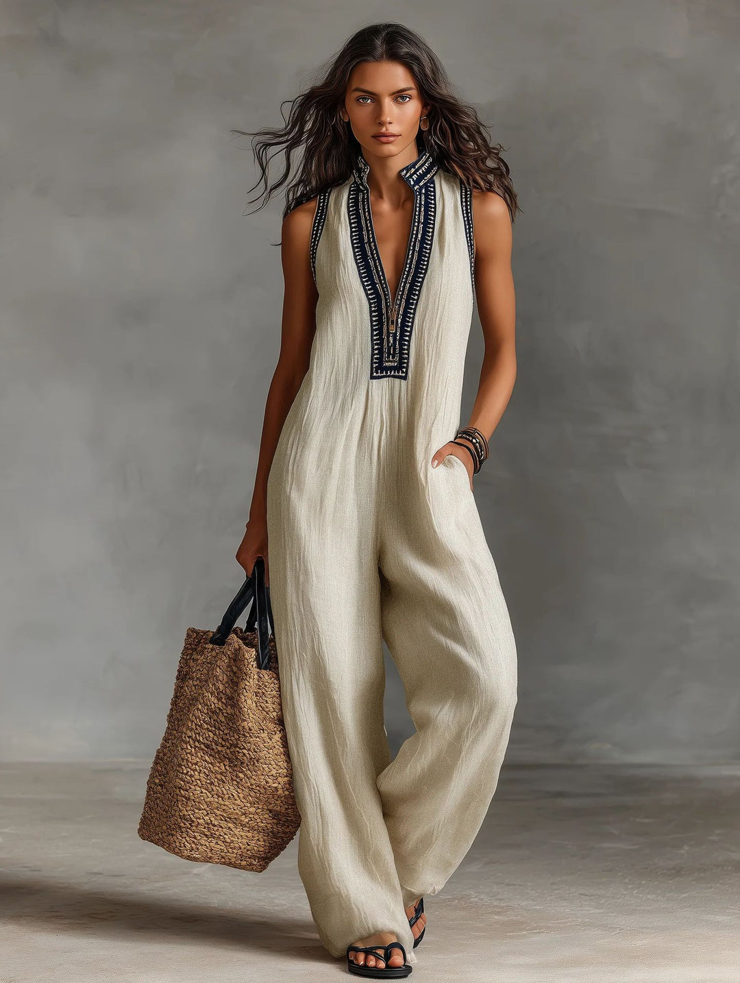 Dame luftig jumpsuit med elegant V-hals og brodert krage Skjora
