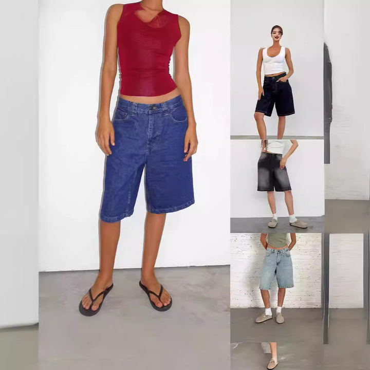 Dame casual denim shorts med vid passform og høye sidelommer Skjora