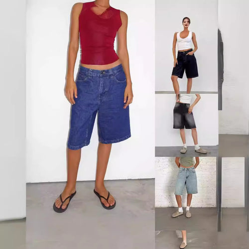 Dame casual denim shorts med vid passform og høye sidelommer Skjora
