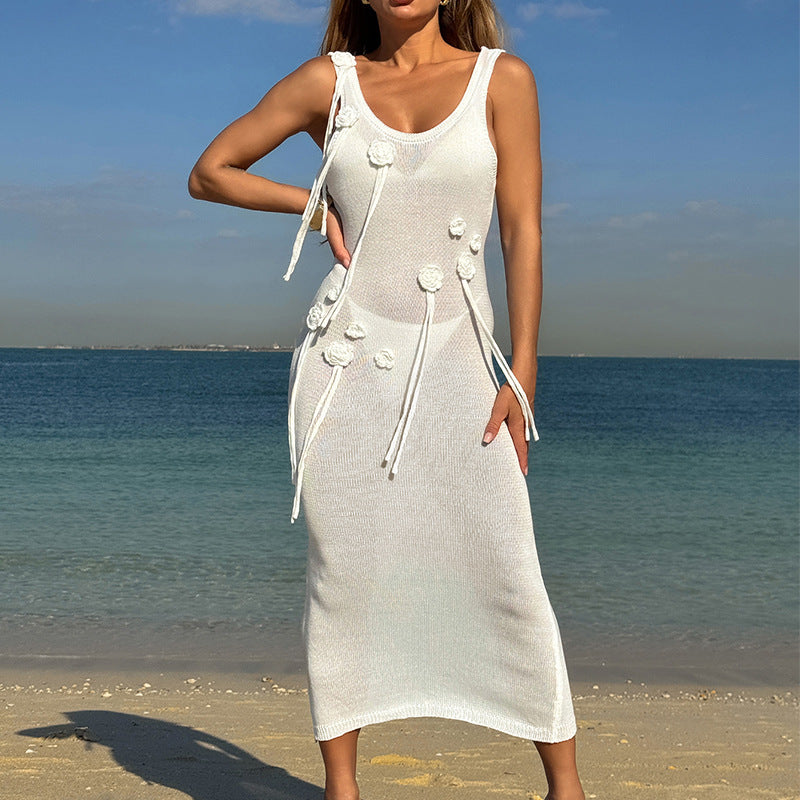 Damen Elegantes Strickkleid mit Blumenapplikationen und seitlichem Bindegürtel Skjora