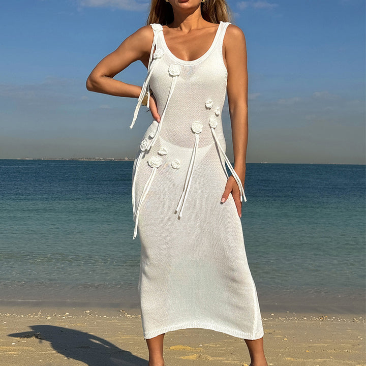 Damen Elegantes Strickkleid mit Blumenapplikationen und seitlichem Bindegürtel Skjora