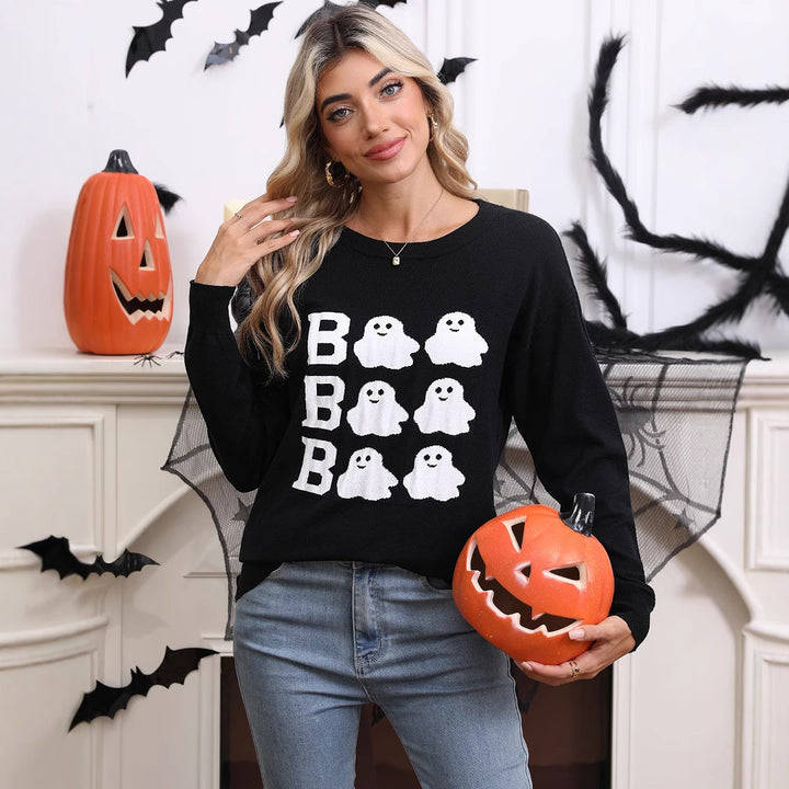 Kvinne Strikket Halloween Genser med Spøkelse Motiv og Løs Passform Skjora