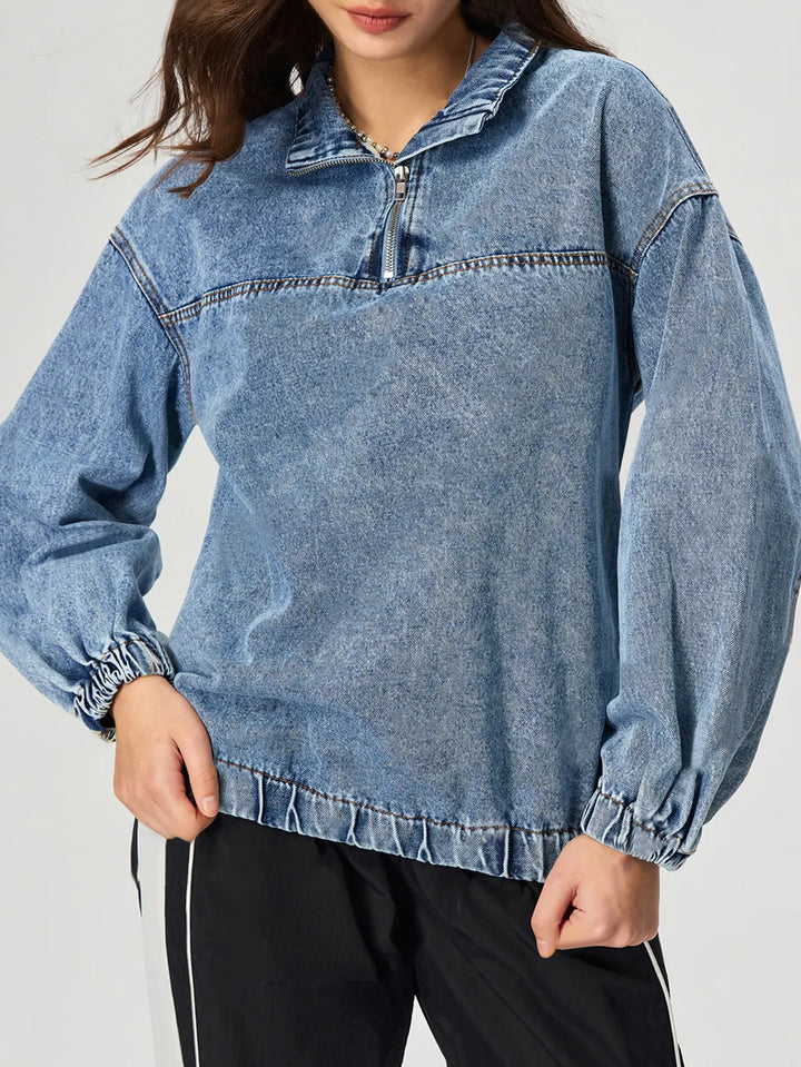 Kvinne løs denim genser med ståkrage og glidelås Skjora