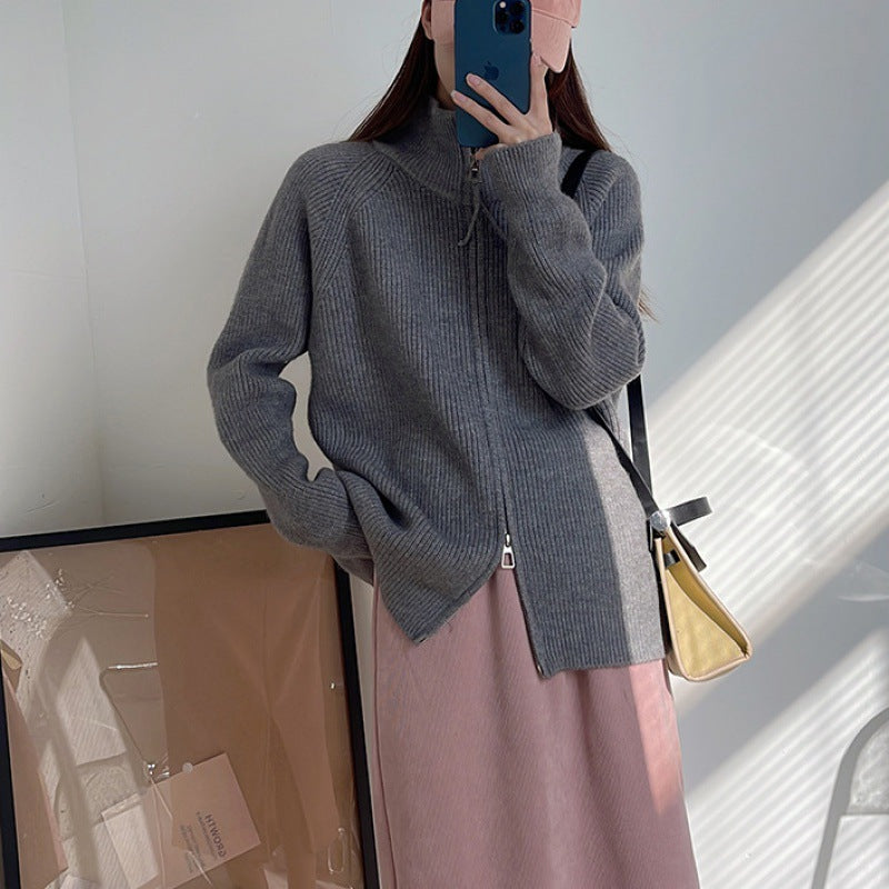 Dame cardigan med stående krage og glidelås Skjora