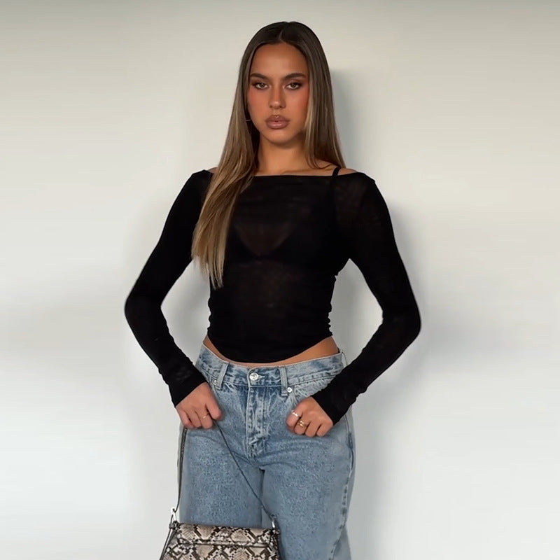 Dames langermet topp med transparent mesh-design og off-shoulder utseende