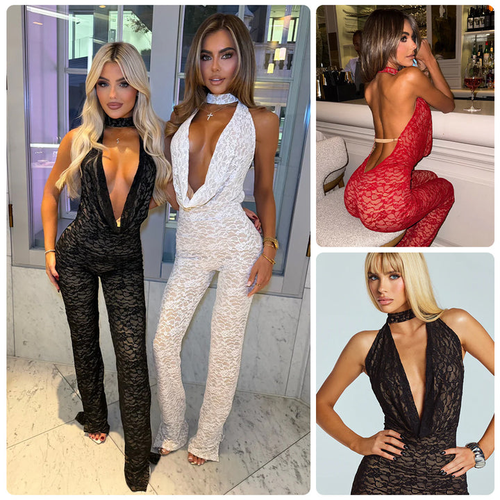 Kvinnens jumpsuit laget av fin blonde med dyp V-hals og elegant ryggdesign