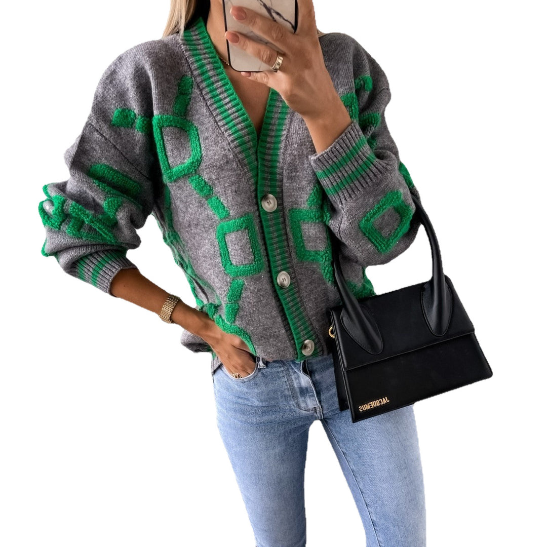Kvinnens stilige cardigan med unikt geometrisk mønster og trendy knappestolpe Skjora