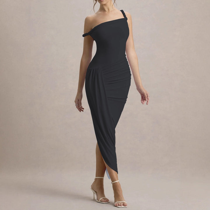 Dame elegant asymmetrisk maxikjole med rynker Skjora