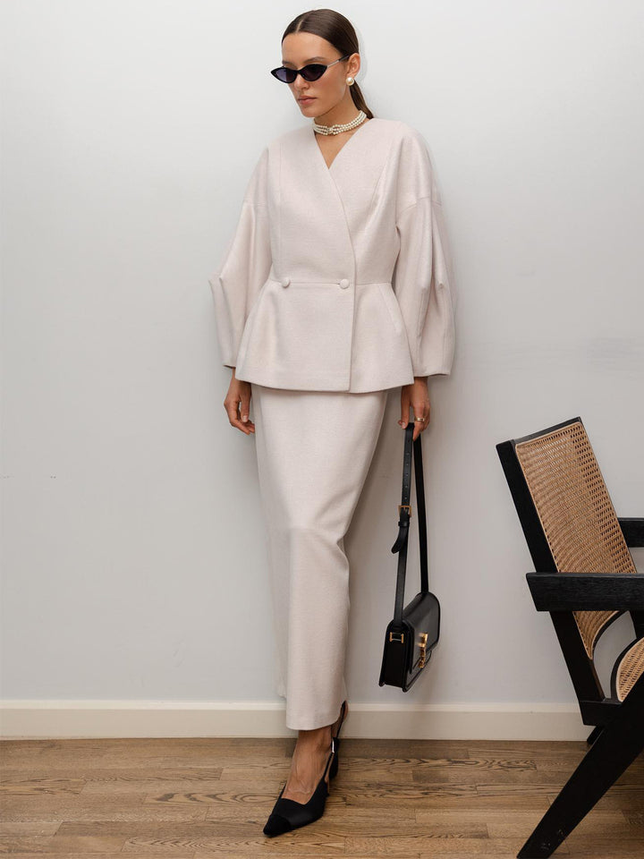 Dame Elegant Blyantkjole med Chic Blazer Topp og Puff Ermer Skjora