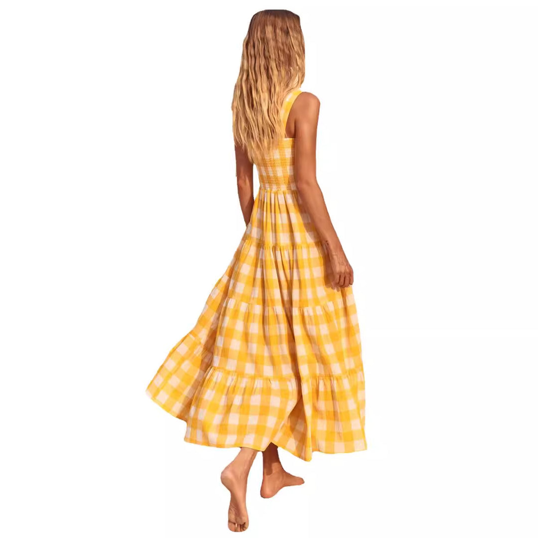 Damer Sommer Maxi Kjole med Rute Design og Stropper Skjora
