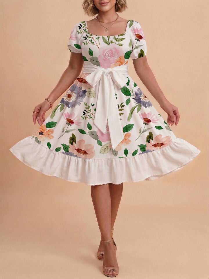 Damen Sommerliches Blumenkleid mit taillierbarem Gürtel und voluminösen Ärmeln Skjora