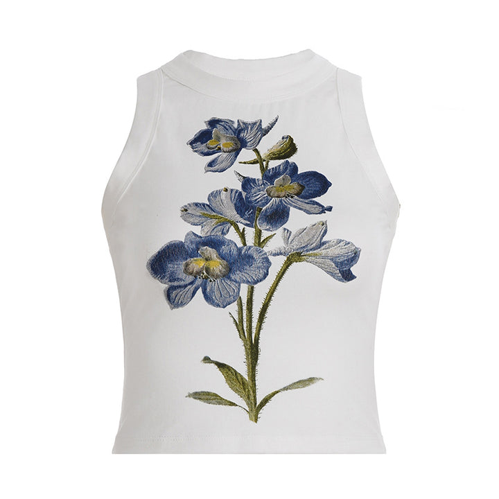 Dame ermeles topp med floral broderidesign Skjora