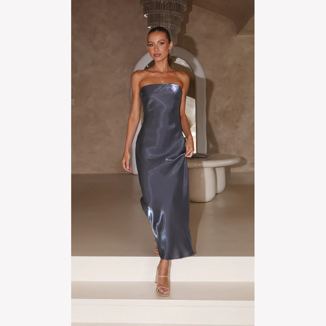Damer Elegant Bandeau Maxi Kjole med Flytende Satin og Kroppsnær Silhuett