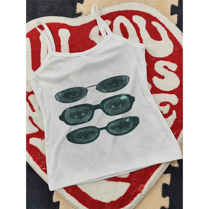Dame ermeløs tanktop med kreativt brillemotiv Skjora