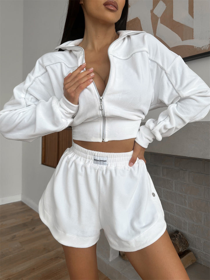Damer Cropped Velour Sett med Glidelås og Elastisk Liv Skjora