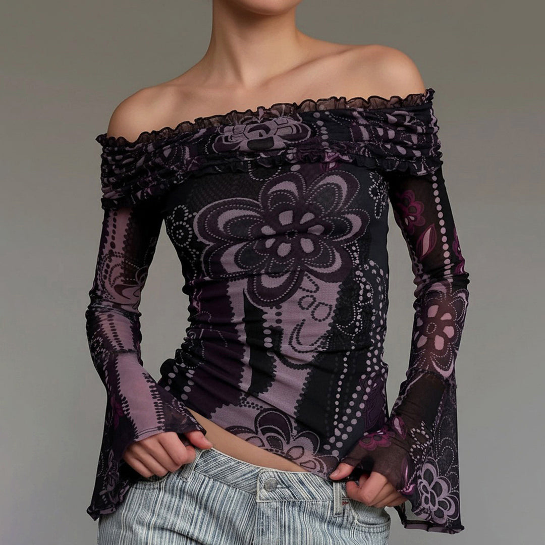 Dame Off-Shoulder Bluse med elegante ruffle-detaljer og vide ermer Skjora