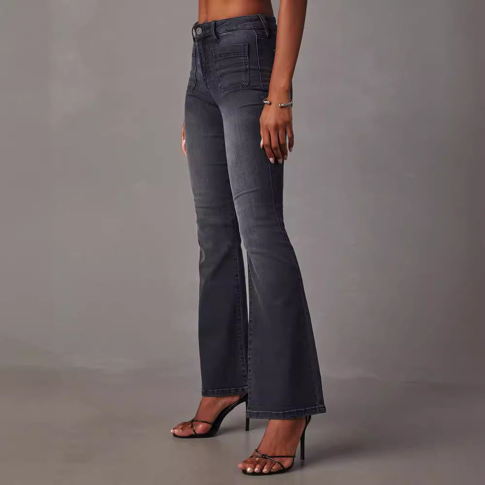 Kvinnelige Flared Jeans med Høy Midje og Teksturert Denim Skjora