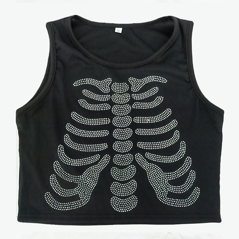 Dame tanktop med kreativt skjelettdesign og glitrende steiner Skjora