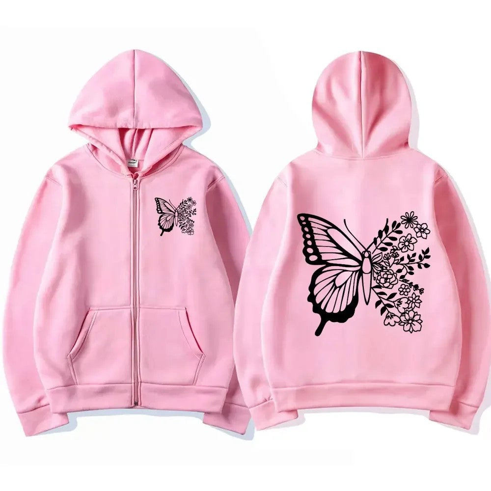 Dame hoodie med blomster sommerfuglmotiv og praktisk kengurulomme Skjora