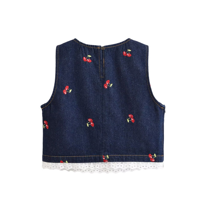 Dame Designer-Cropped-Top med blomsterbroderi og blonderdetaljer Skjora