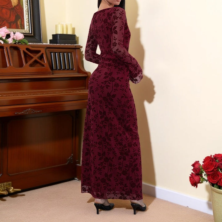 Damer elegant maxi kjole med blomsterapplikasjoner og gjennomsiktige ermer Skjora