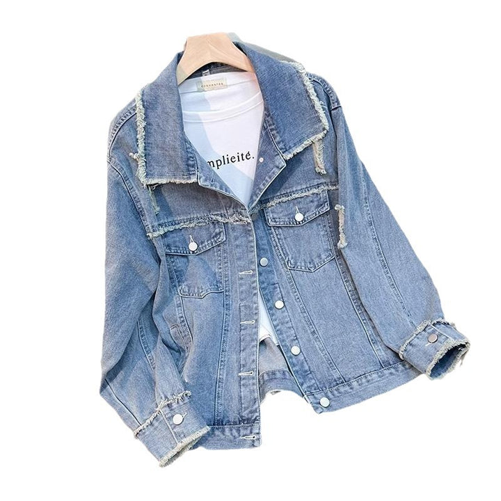 Dame moteriktige denimjakke med frynse detaljer Skjora