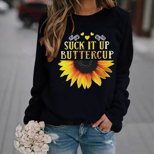 Dame sweatshirt med kreativ solfleurtrykk og motiverende sitat Skjora