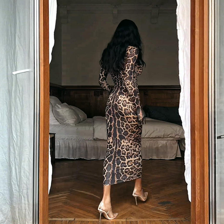 Damer Elegant gjennomsiktig Maxikjole med leopardmotiv og lange ermer Skjora