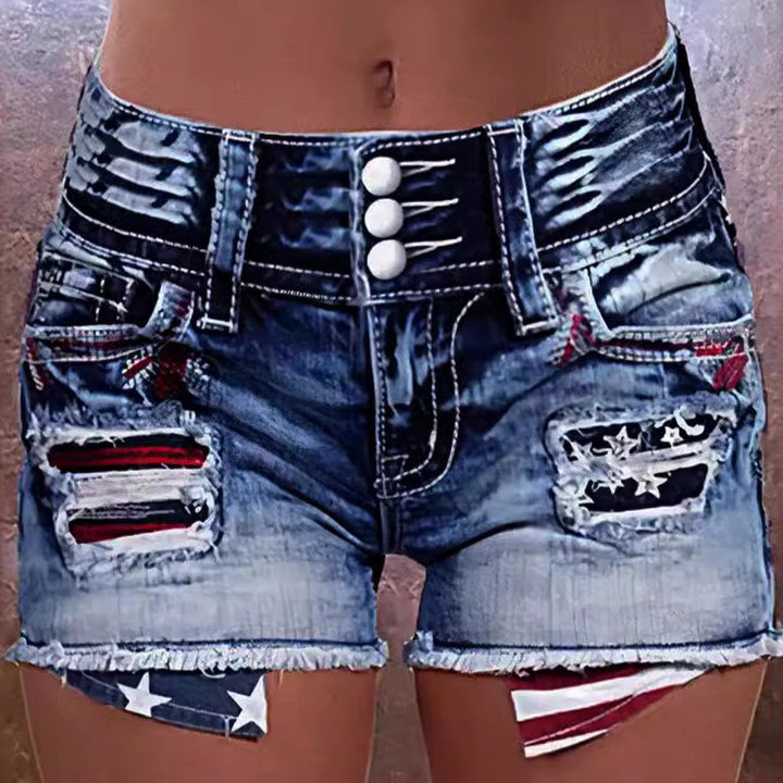 Dame Cargo-shorts med stilige rifte detaljer og patriotiske applikasjoner Skjora
