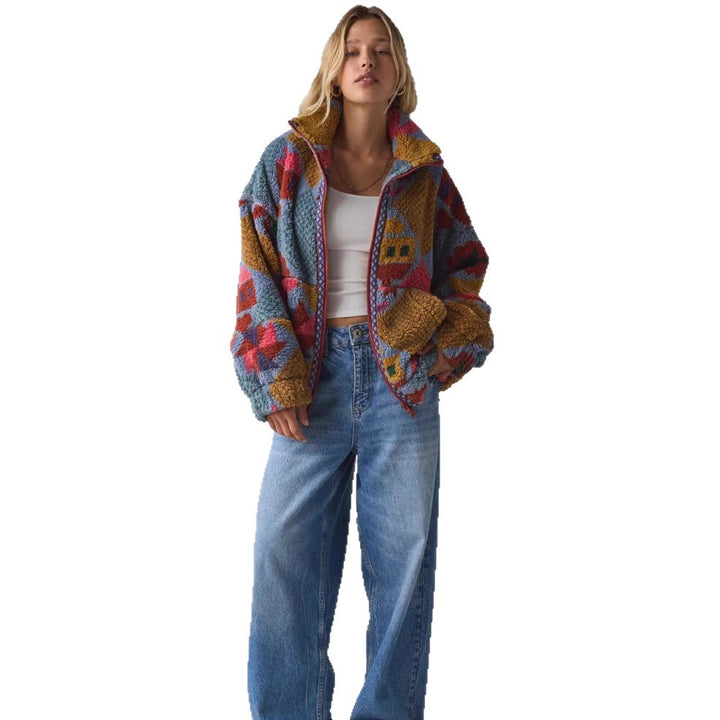Dame Cozy Fleece Jakke med Fargerikt Patches Mønster Skjora
