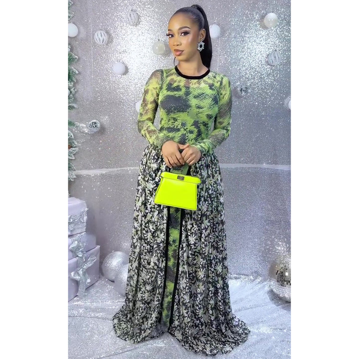 Kvinne Maxi Kjole med Transparent Topp og Blomstret Underkjole