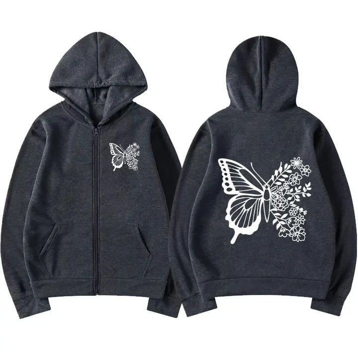 Dame hoodie med blomster sommerfuglmotiv og praktisk kengurulomme Skjora