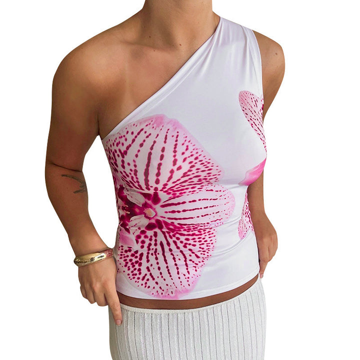 Dame asymmetrisk stroppet skjorte med blomstertrykkdesign Skjora