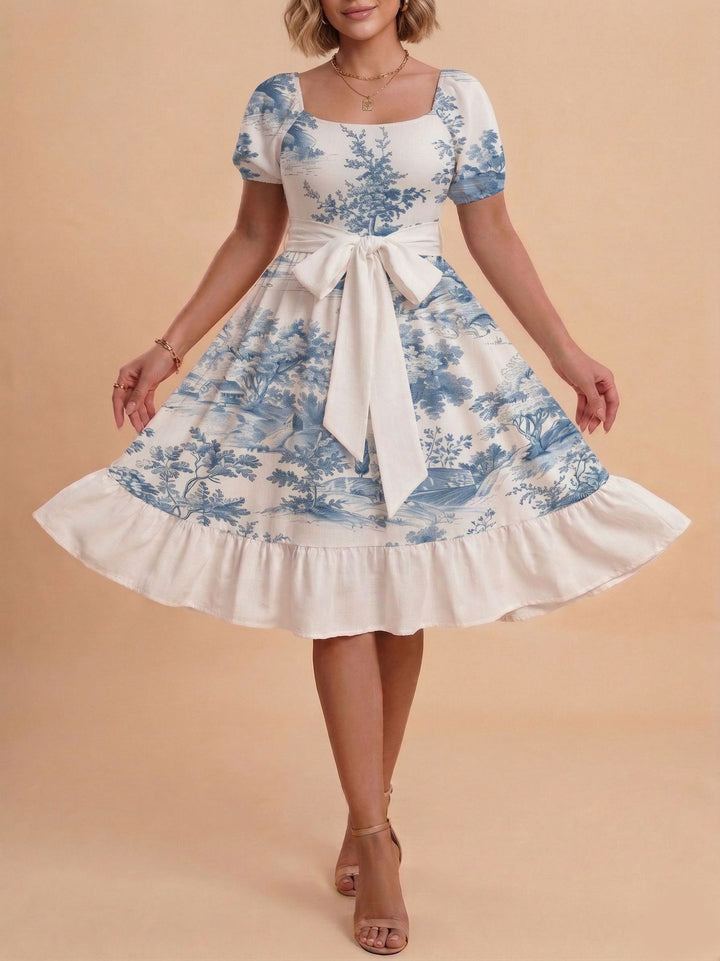 Damen Retro Maxikleid mit Puffärmeln und Taillengürtel Skjora