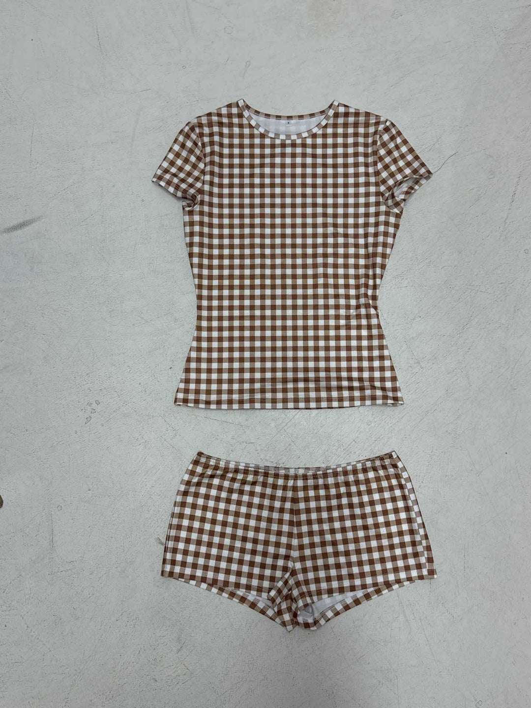 Dame Kortermet topp og shorts-sett i rutete design Skjora
