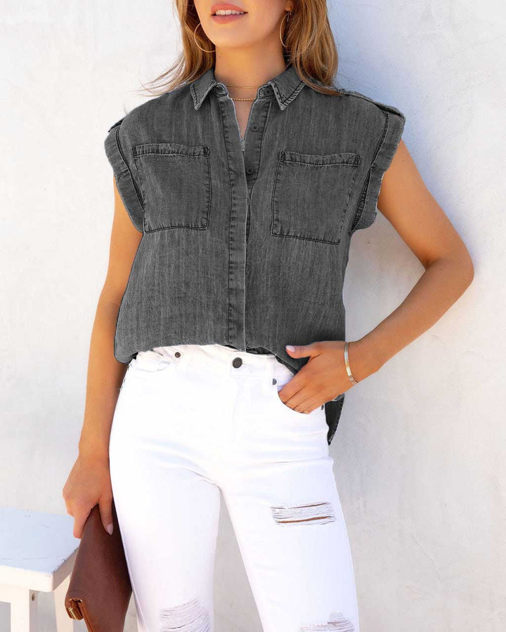 Kvinne kortermet skjorte bluse i denim-look med brystlommer Skjora