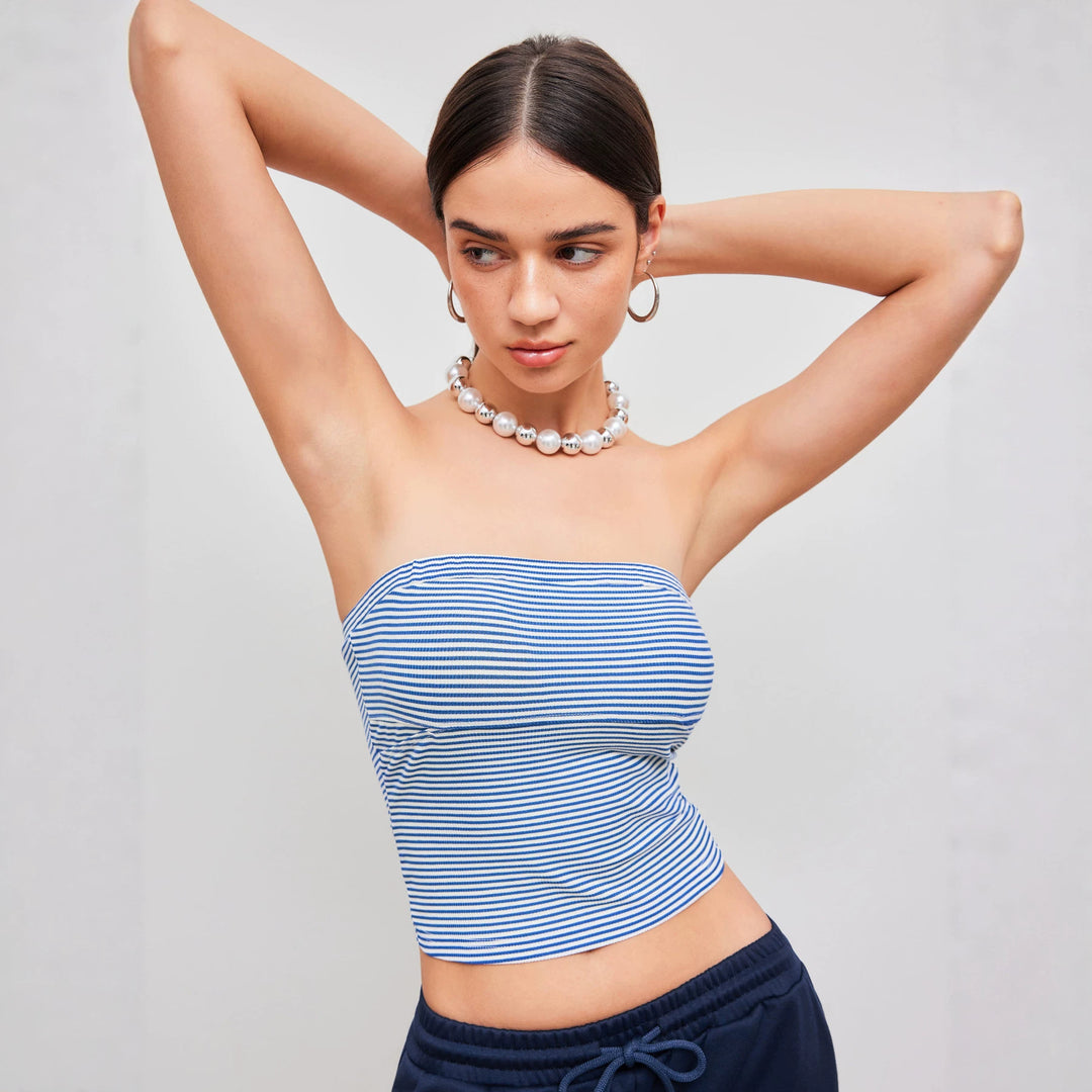 Dame Bandeau-top med fine striper Skjora