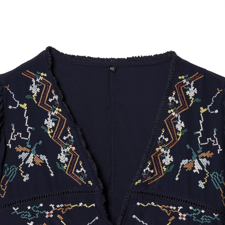Dame Kort bluse kimono med kunstnerisk broderimønster og midjebånd Skjora