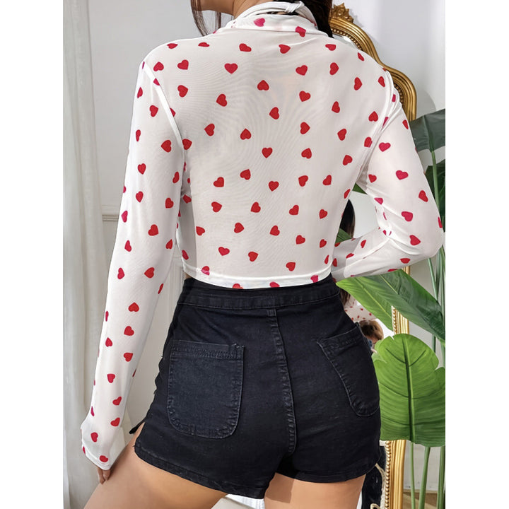 Damer Langermet Cropped Topp med Hjerteprint og Gjennomsiktig Utseende Skjora