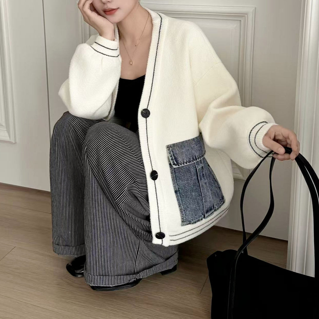 Dame moteriktig cardigan med denim detaljer Skjora