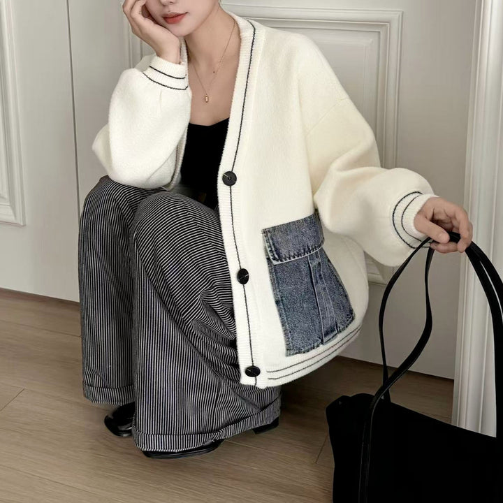 Dame moteriktig cardigan med denim detaljer Skjora