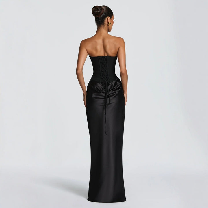 Damer Høykvalitets Kvelds kjole med elegant Bustier-overdel og drapert skjørt Skjora