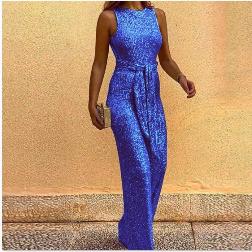 Kvinnens Glamourøse Maxi Kjole med Glitrende Paljett Trim og Elegant Midjebånd