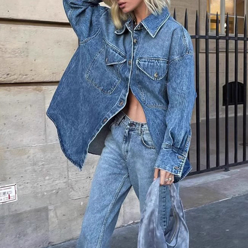 Dame avslappet overshirt-jakke laget av høykvalitets denim Skjora
