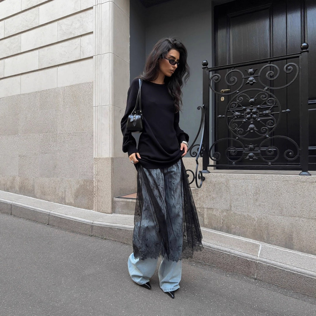 Kvinnes Casual Oversized Genser med Elegante Volanger og Motetransparent Skjora